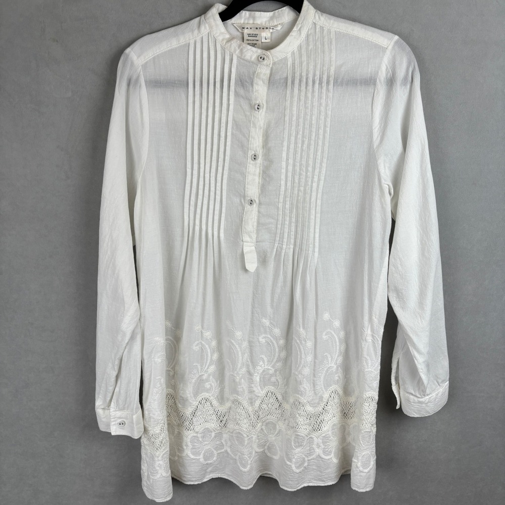 Max Studio White Cotton Pintuck Embroidered Lace Hem Tunic Blouse Boho Peasant L